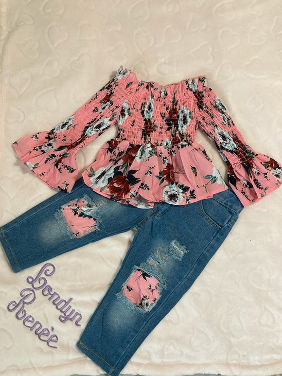 Pink Off Shoulder Floral Demin Pant Set - 3T